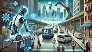 A futuristic scene depicting robots and AI machines coexisting with humans in a city environment. A large robot looms over the skyline, while another sits on top of a truck labeled with AI-related graphics. Various people, including construction workers and businesspeople, walk along the street, and self-driving vehicles navigate the road. Signs note the potential downsides of AI job impact.