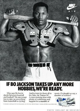 A black and white Nike advertisement featuring a muscular man wearing a football shoulder pad and holding a baseball bat behind his shoulders. Text on the poster reads,
