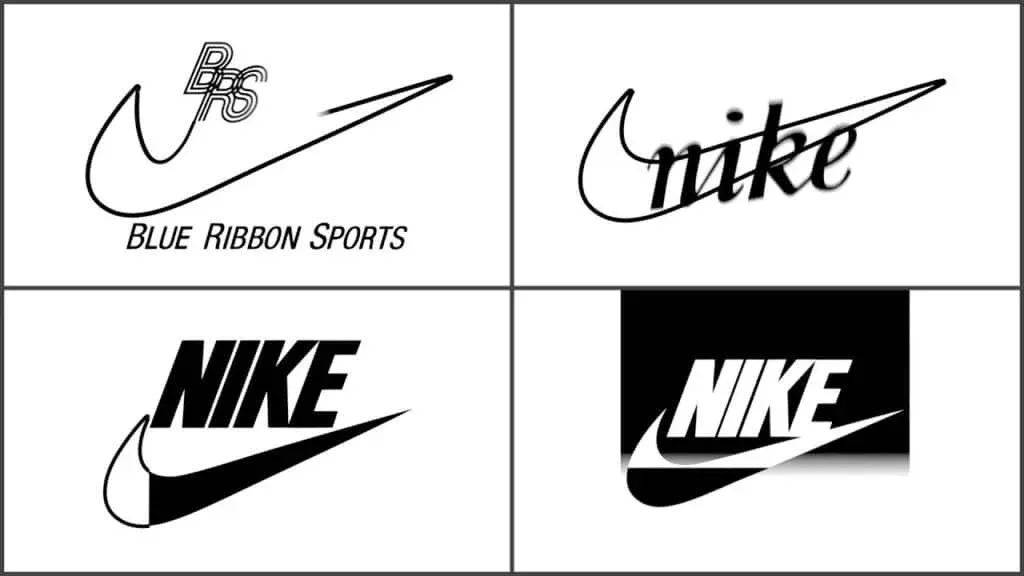 A collage of four logos showing the evolution of the Nike brand, starting with