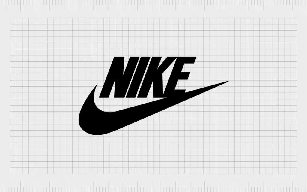 Black Nike logo with swoosh symbol on a grid background.