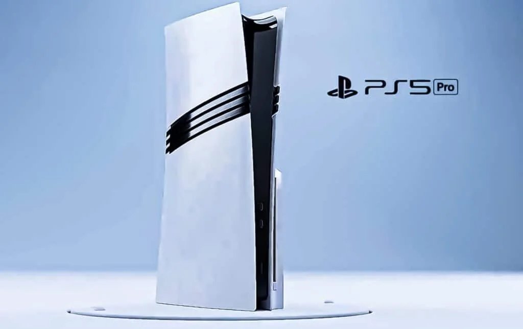 A conceptual design of the PlayStation 5 Pro console featuring a sleek, futuristic shape with white panels and black accents, displayed on a light blue background.