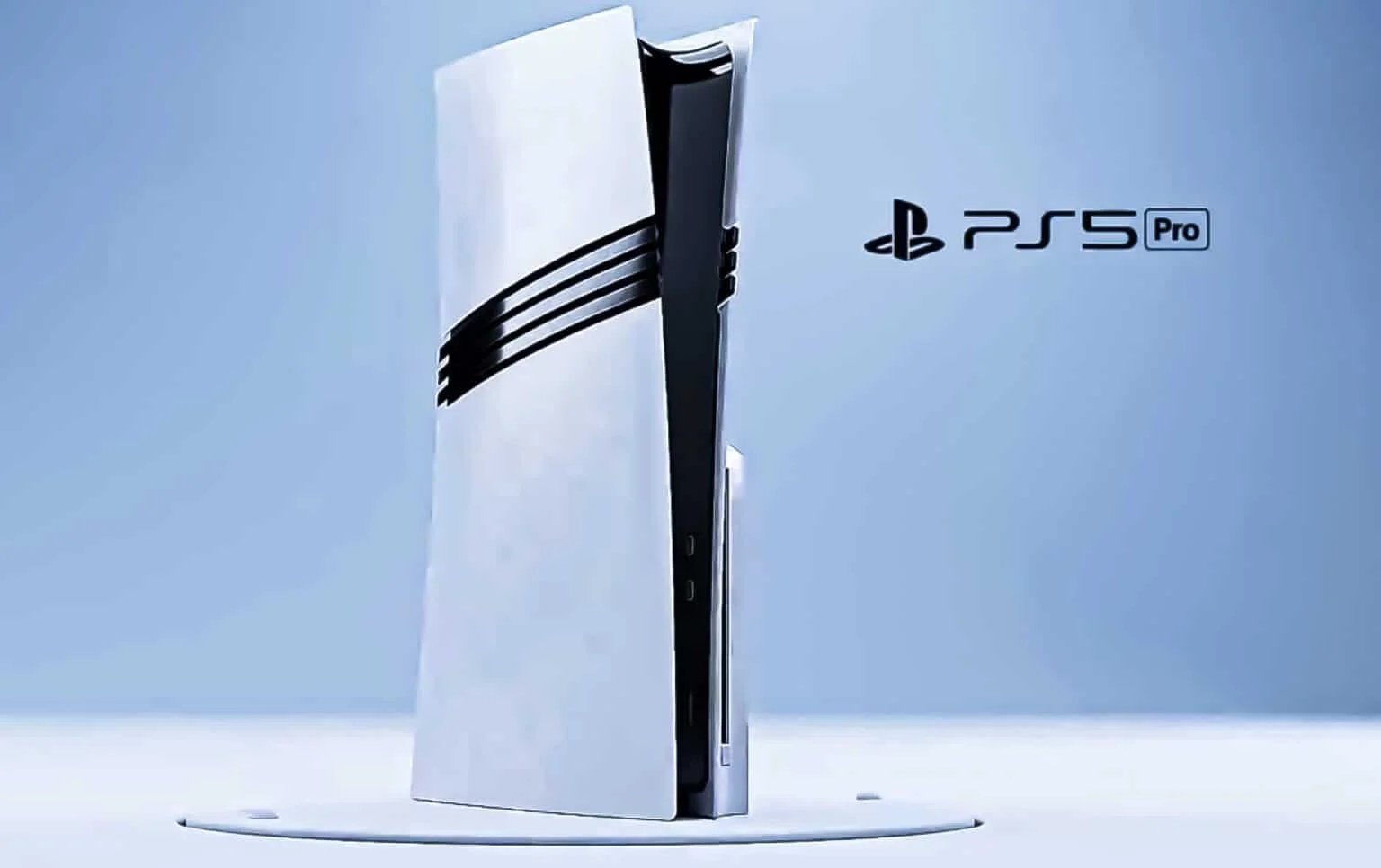 A conceptual design of the PlayStation 5 Pro console featuring a sleek, futuristic shape with white panels and black accents, displayed on a light blue background.