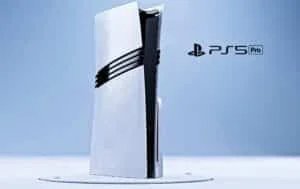 A conceptual design of the PlayStation 5 Pro console featuring a sleek, futuristic shape with white panels and black accents, displayed on a light blue background.