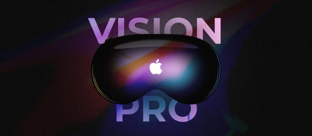 A dark, abstract image featuring a VR headset with a glowing Apple logo, overlapped by the large text 'VISION PRO' in the background.