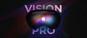 A dark, abstract image featuring a VR headset with a glowing Apple logo, overlapped by the large text 'VISION PRO' in the background.