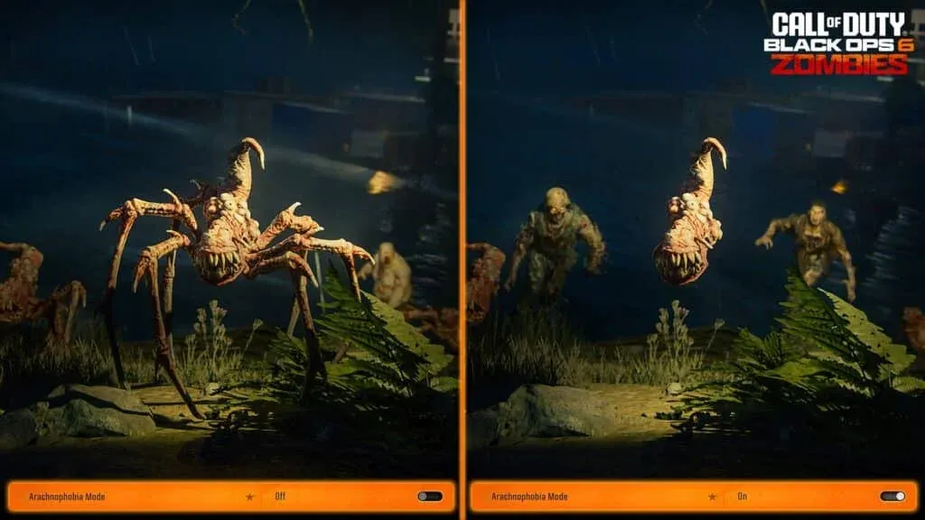 A side-by-side comparison from the game 'Call of Duty: Black Ops 6 Zombies' showing a creature in two different modes. On the left, 'Arachnophobia Mode' is off, displaying a spider-like monster. On the right, 'Arachnophobia Mode' is on, showing the monster without its legs, appearing as a floating head with a worm-like tail.
