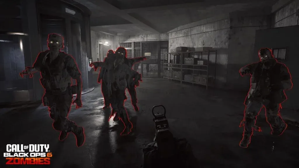 A scene from a video game showing a group of zombies outlined in red, approaching the player in a dimly lit warehouse or industrial area. The player holds a weapon with a digital sight, ready to attack. The