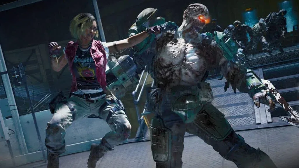 A character in casual clothing punches a large, armored zombie-like creature with glowing orange eyes in a futuristic setting.