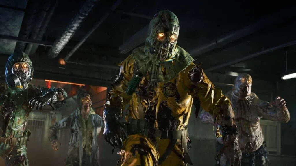 A group of zombie-like creatures in decaying protective suits with glowing eyes, moving through a dark, industrial setting.