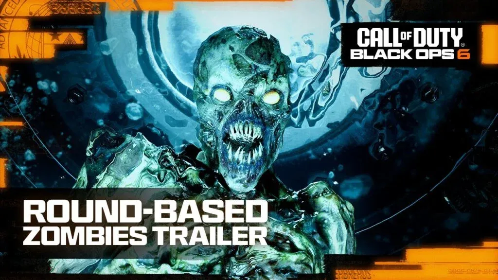 Promotional image for Call of Duty: Black Ops 6 featuring a zombie with glowing eyes and the text