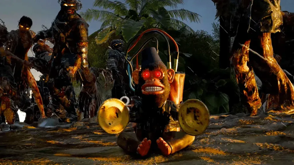 A toy monkey with red glowing eyes, cymbals, and exposed wires sits on the ground, surrounded by zombies in a jungle setting.
