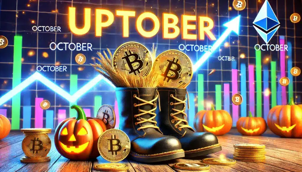A digital collage featuring a pair of boots filled with bitcoins and wheat, surrounded by pumpkins, against a backdrop of colorful financial charts and graphs labeled "Uptober" and "October."