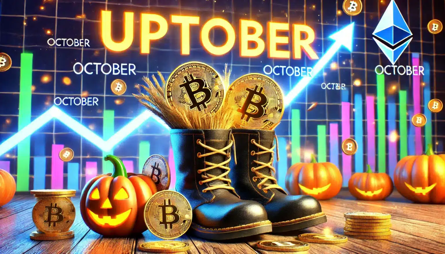 A digital collage featuring a pair of boots filled with bitcoins and wheat, surrounded by pumpkins, against a backdrop of colorful financial charts and graphs labeled "Uptober" and "October."
