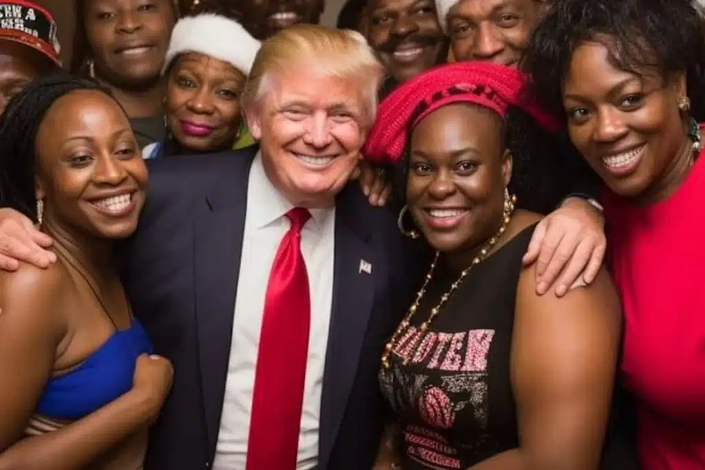 A group of people posing together, with two women in front wearing colorful attire and a man in a suit and red tie smiling at the center.