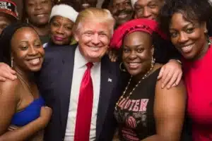 A group of people posing together, with two women in front wearing colorful attire and a man in a suit and red tie smiling at the center.