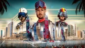 Three sailors wearing helmets and gear are superimposed over a city skyline and a regatta of sailboats on the water, with palm trees framing the scene.
