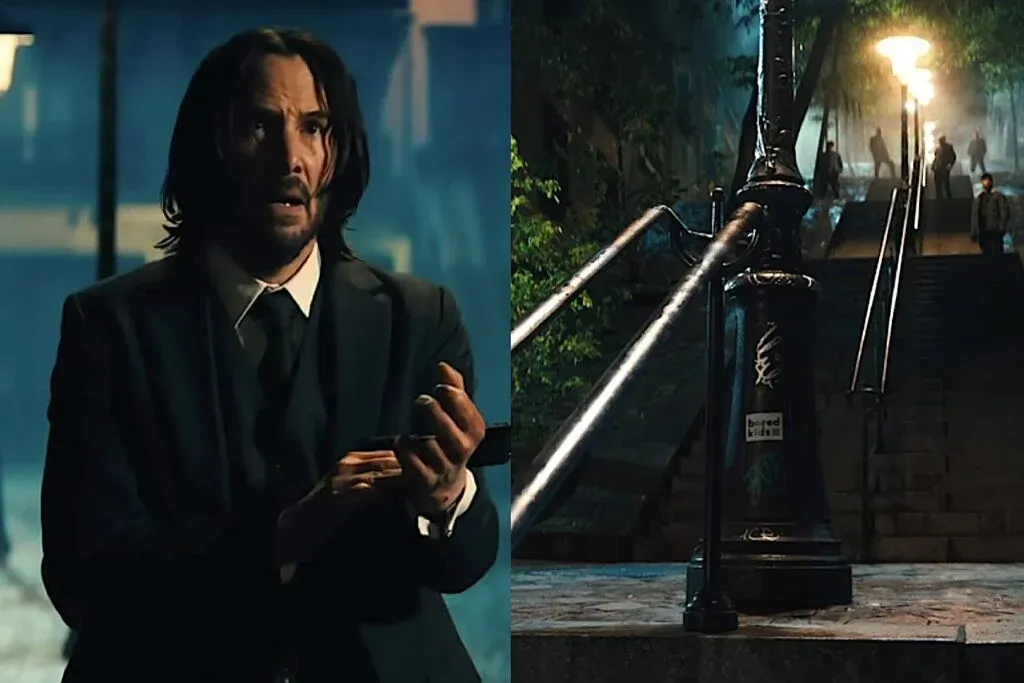 Split image; on the left, a man with long dark hair and a beard looks surprised, wearing a dark suit with a white shirt and black tie. On the right, a street scene at night featuring a staircase with a metal handrail and lampposts illuminating the area.