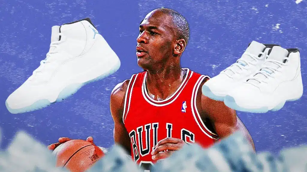A basketball player in a red jersey dribbling a ball, with two large white sneakers superimposed on either side of him.