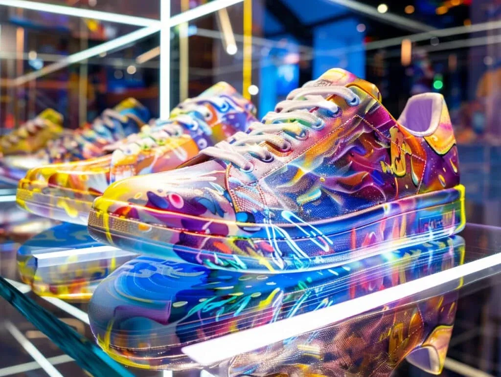 A pair of colorful sneakers with a vibrant, abstract pattern displayed on a reflective surface in a brightly lit store setting.