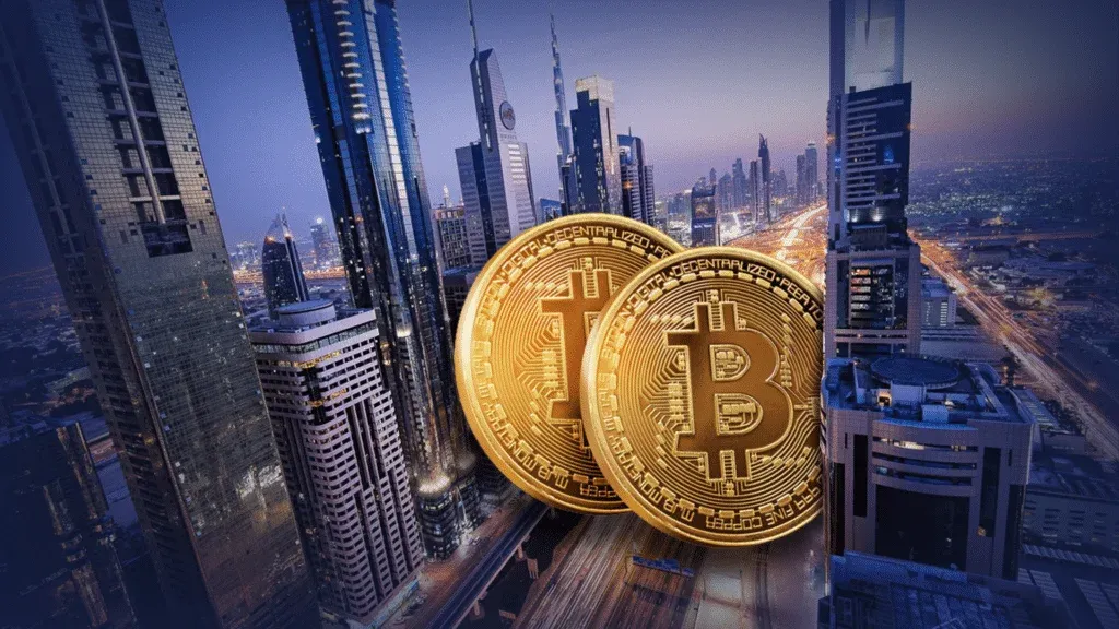 Two large bitcoin symbols superimposed over a cityscape at dusk with tall skyscrapers and illuminated streets.