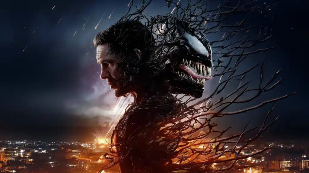 A split-image showing a man on the left side and a monstrous creature with sharp teeth on the right side, both merging into each other, set against a backdrop of a city skyline with falling meteors.