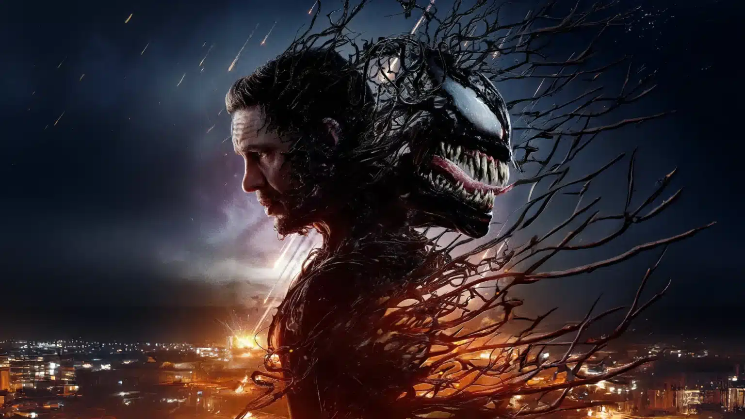 A split-image showing a man on the left side and a monstrous creature with sharp teeth on the right side, both merging into each other, set against a backdrop of a city skyline with falling meteors.