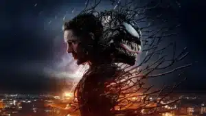 A split-image showing a man on the left side and a monstrous creature with sharp teeth on the right side, both merging into each other, set against a backdrop of a city skyline with falling meteors.