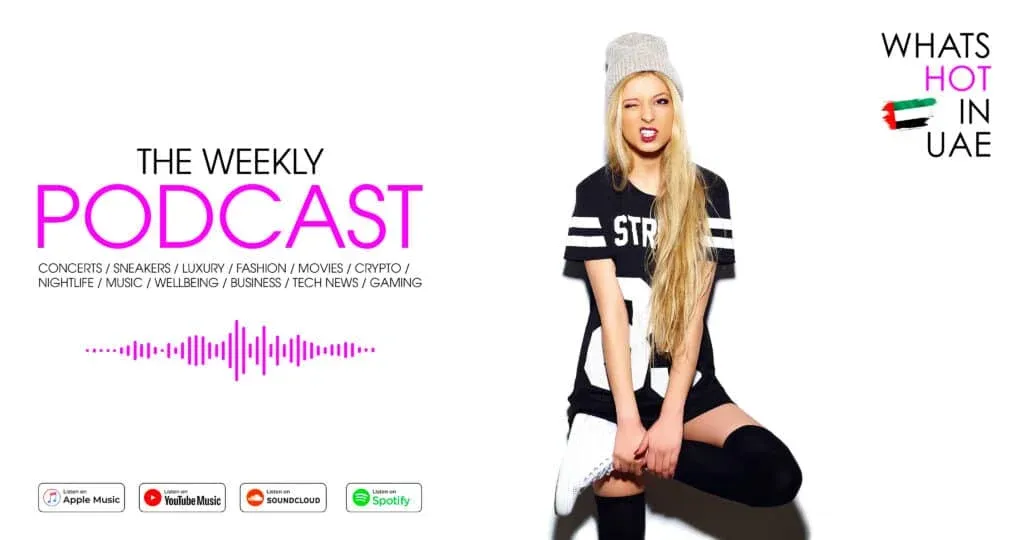 Promotional image for 'The Weekly Podcast' featuring topics like concerts, fashion, technology, and wellness, with platforms listed as Apple Music, YouTube Music, SoundCloud, and Spotify; a woman wearing a long shirt and beanie is posed on the right.