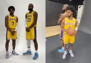 Two basketball players wearing yellow Lakers uniforms pose for photos; one is holding a basketball while the other stands with arms crossed.
