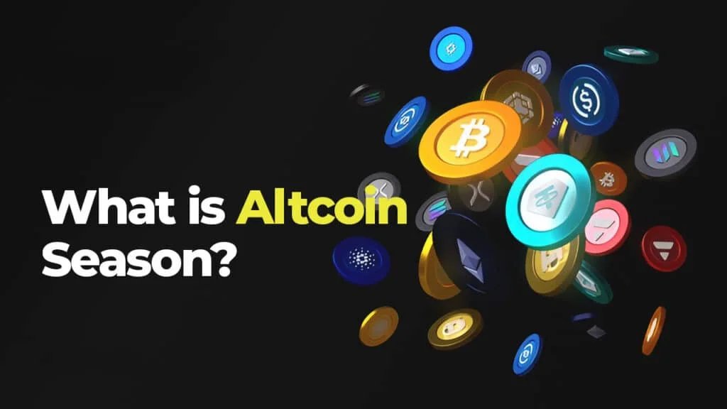 A graphic showing floating digital coins with various cryptocurrency symbols and the text 'What is Altcoin Season?' on a dark background.