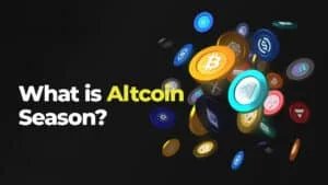 A graphic showing floating digital coins with various cryptocurrency symbols and the text 'What is Altcoin Season?' on a dark background.