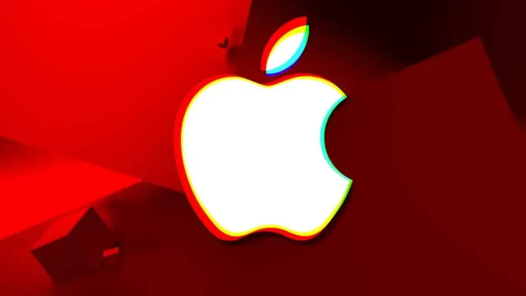 A stylized white apple logo with a rainbow outline set against a vibrant red background.