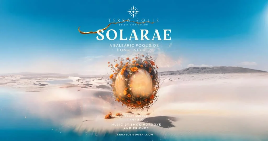 A surreal desert landscape with a spherical object surrounded by colorful flowers at its base, under a bright blue sky. The scene promotes a Sunday poolside event called 'Solarae' at Terra Solis, featuring music by Smokingroove and friends.