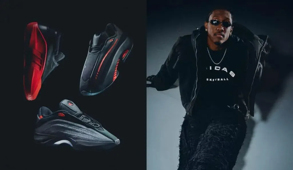 A composite image showing three black and red sneakers on the left and a person wearing sunglasses, a black jacket, and a shirt with the Adidas logo on the right.