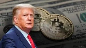 A man in a blue suit and red tie is seen in front of overlapping images of U.S. hundred-dollar bills and Bitcoin coins, symbolizing the intersection of traditional currency and cryptocurrency.