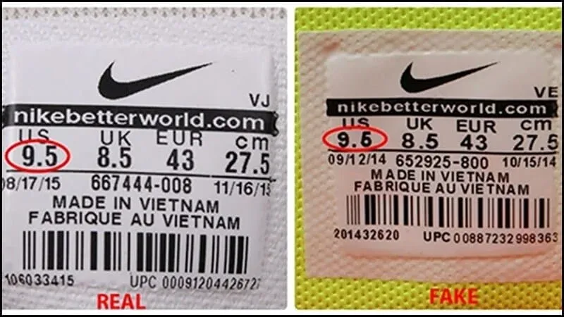 Side-by-side comparison of two Nike shoe labels, one marked as 'real' and the other as 'fake,' highlighting differences in fonts, spacing, and alignment for size 9.5 shoes made in Vietnam.