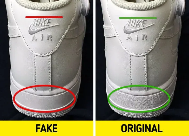 Comparison of a fake and original Nike Air shoe showing differences in shape and construction, with the fake on the left highlighted by red lines and the original on the right highlighted by green lines.