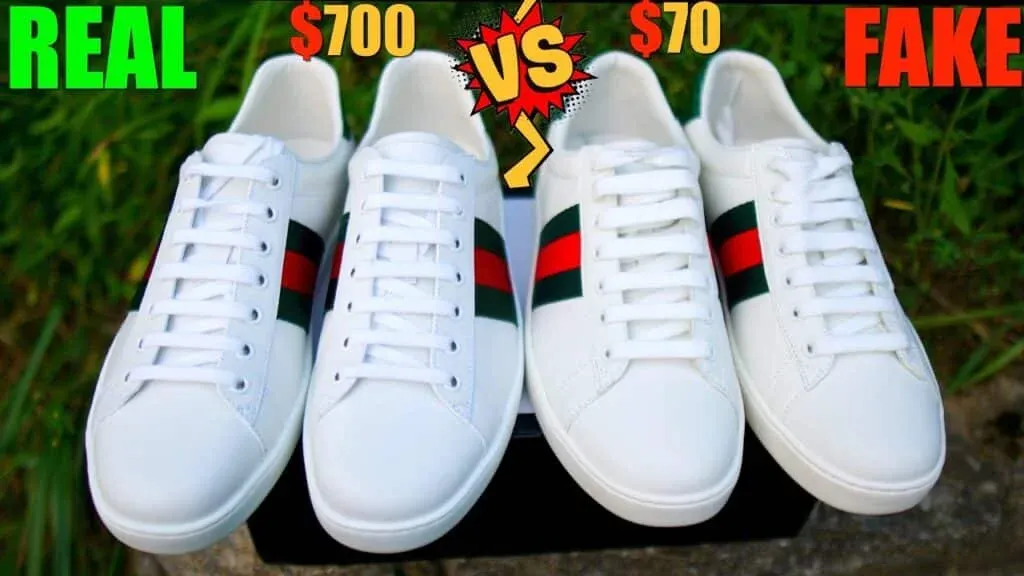 Comparison of two pairs of white sneakers with green and red stripes, labeled 'REAL 0' on the left and 'FAKE ' on the right, with a 'VS' symbol in the center.