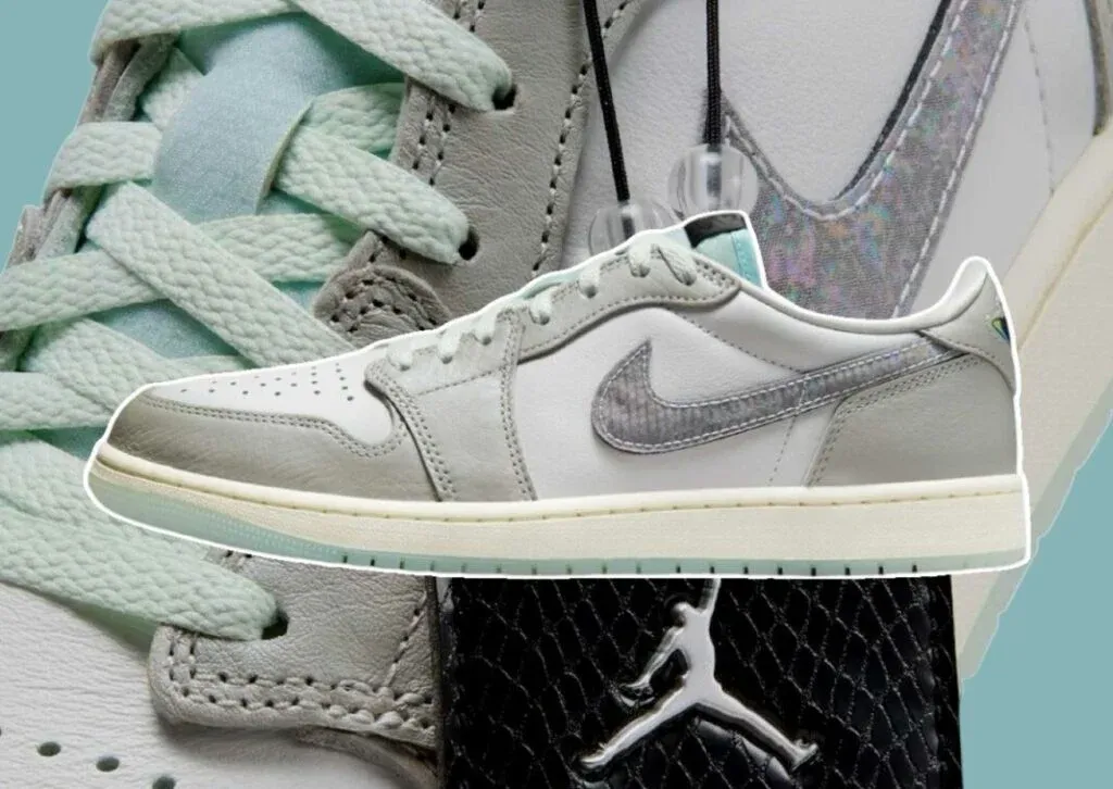 A composite image showcasing a sneaker with a light gray and white color scheme, featuring a textured gray Nike swoosh and light aqua accents. The background includes a close-up of shoelaces and a Jordan logo on a textured surface.