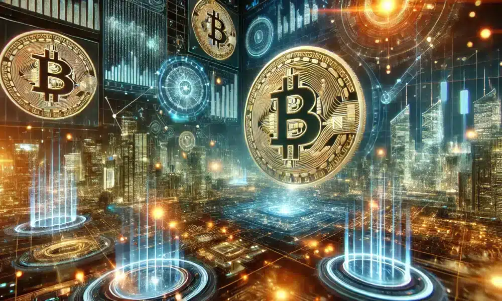 DALL·E 2024 12 16 14.47.11 A wide futuristic digital landscape showcasing glowing Bitcoin coins integrated into a high tech cyber environment. The scene features blockchain netw