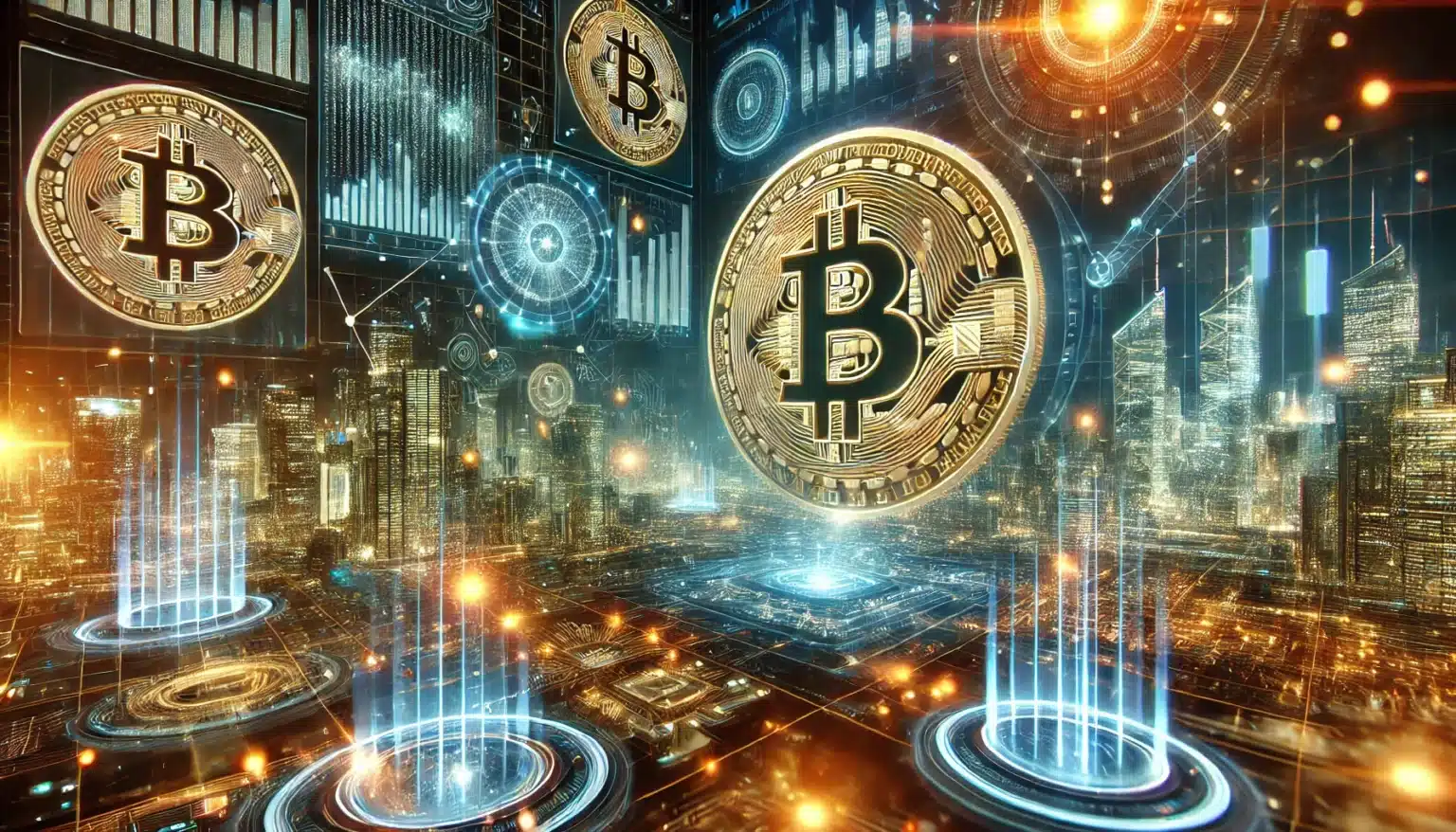 Futuristic cityscape with glowing Bitcoin symbols and digital technology elements, resembling a digital financial hub.