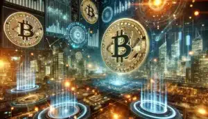 Futuristic cityscape with glowing Bitcoin symbols and digital technology elements, resembling a digital financial hub.