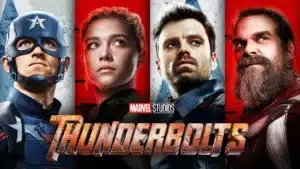 A promotional image for the Marvel Studios film 'Thunderbolts' featuring four characters, each in their own vertical panel, with two panels having a red background and two with a blue background. The title 'Thunderbolts' is prominently displayed at the bottom of the image.