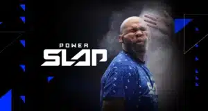 A person is being slapped, with a visible impact on their face, alongside the text 'POWER SLAP' on a dark background with blue geometric accents.