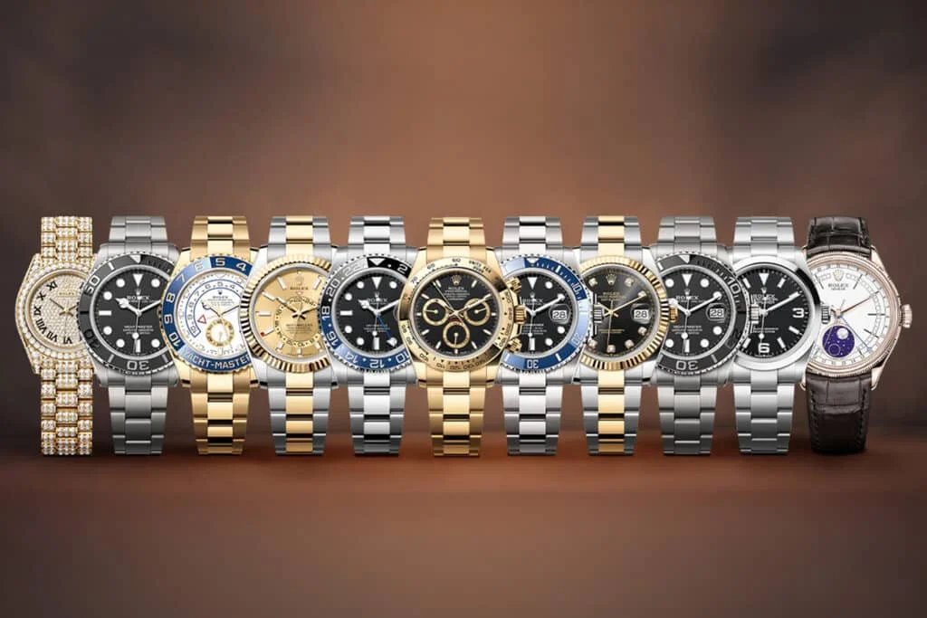 A lineup of nine luxury watches with various designs and metal bands, including gold, silver, and diamond-encrusted components, displayed against a brown gradient background.