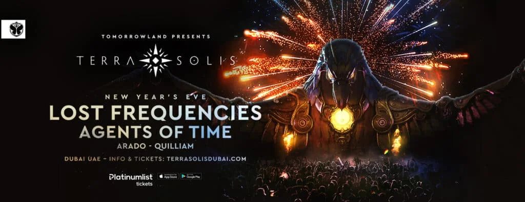 Promotional image for Tomorrowland's Terra Solis New Year's Eve event featuring performers Lost Frequencies, Agents of Time, Arado, and Quilliam, set in Dubai, UAE, with ticket information available at terrasolisdubai.com. The image includes a large, dark mechanical figure with fireworks in the background and a crowd of people at the bottom.
