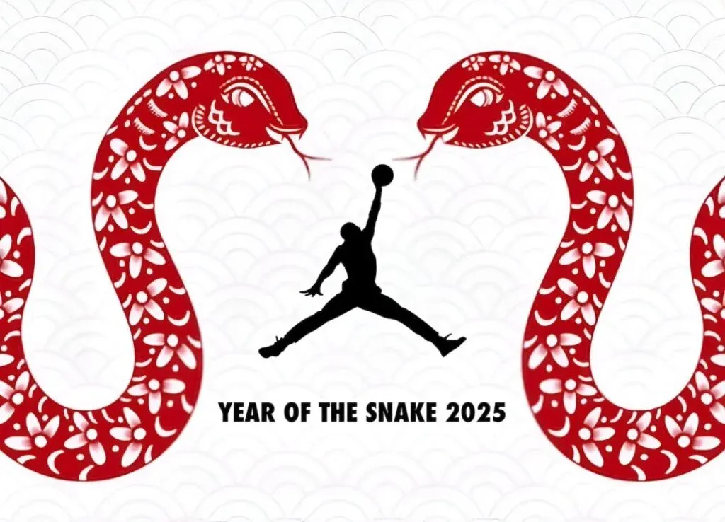 Two red decorative snakes with floral patterns facing each other, framing a silhouette of a person jumping with a basketball. Below is the text