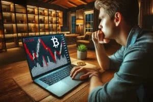 A person intently looks at a laptop displaying a Bitcoin market chart with red and white candlesticks, in a cozy room with a well-lit shelf in the background and a small plant on the desk.