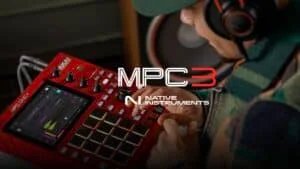 Person using a red AKAI MPC ONE+ music production controller with a display screen and pads, wearing headphones, with 'MPC3' and 'Native Instruments' logos overlaid on the image.