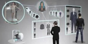 A futuristic conceptual image depicting a digital fashion design process, with people interacting with virtual screens displaying clothing options and a 3D printer. A person in underwear stands in a scanning pod, while another person uses augmented reality to preview outfits on digital mannequins.
